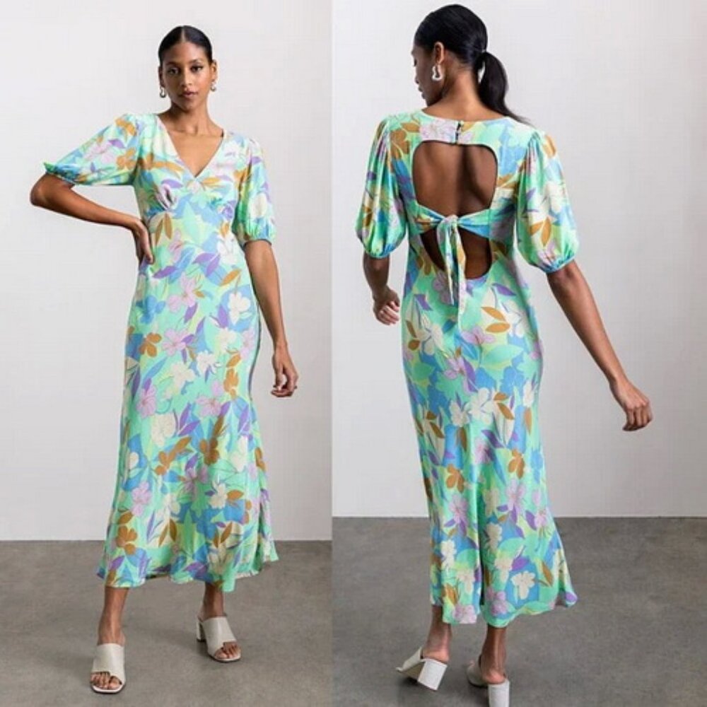 Sanctuary Green Multi Tie Back Floral Maxi Dress Puff Sleeve
